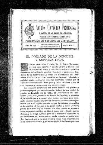 Imagen de Acción Católica Femenina  : Boletín de la Obra de Protección de Intereses Católicos. Federación de señoras de Castellón