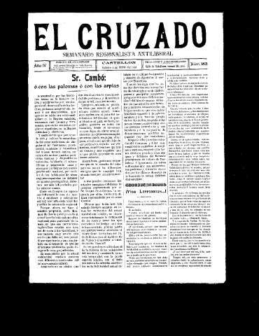 Imagen de El Cruzado  : Semanario regionalista antiliberal. Semanario tradicionalista